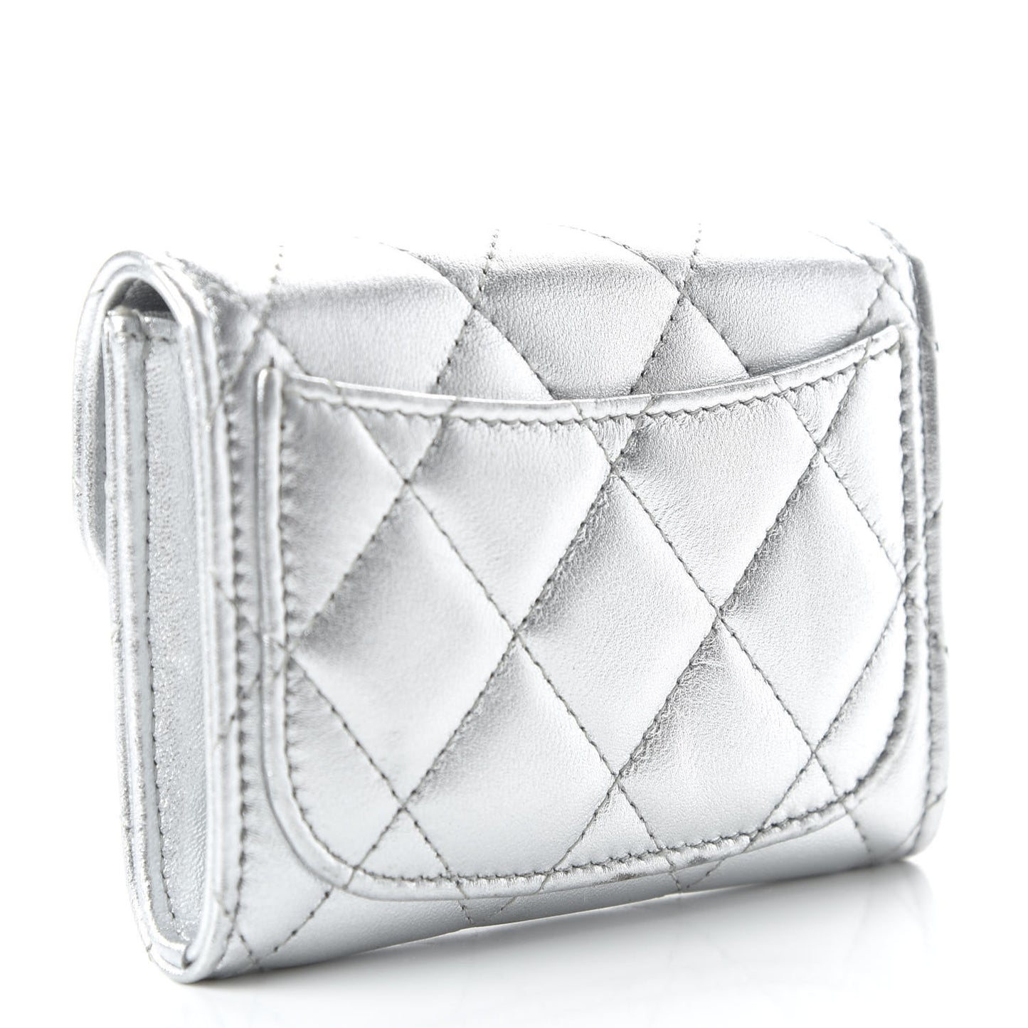 Metallic Lambskin Quilted Flap Card Holder Wallet Silver