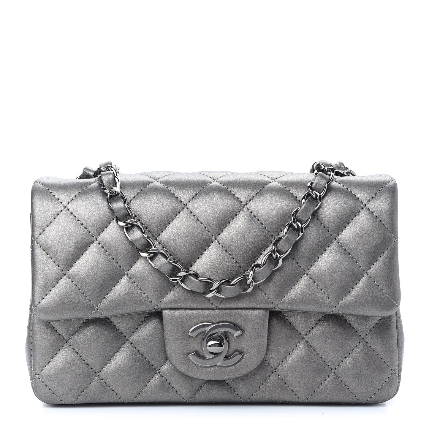 Metallic Calfskin Quilted Mini Rectangular Flap Ruthenium