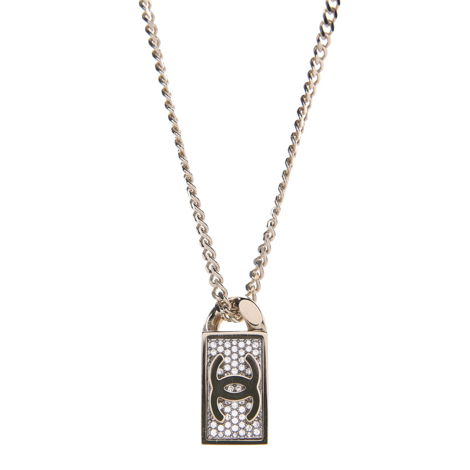 Chanel Crystal Dog Tag Charm Necklace Gold 1 of 7