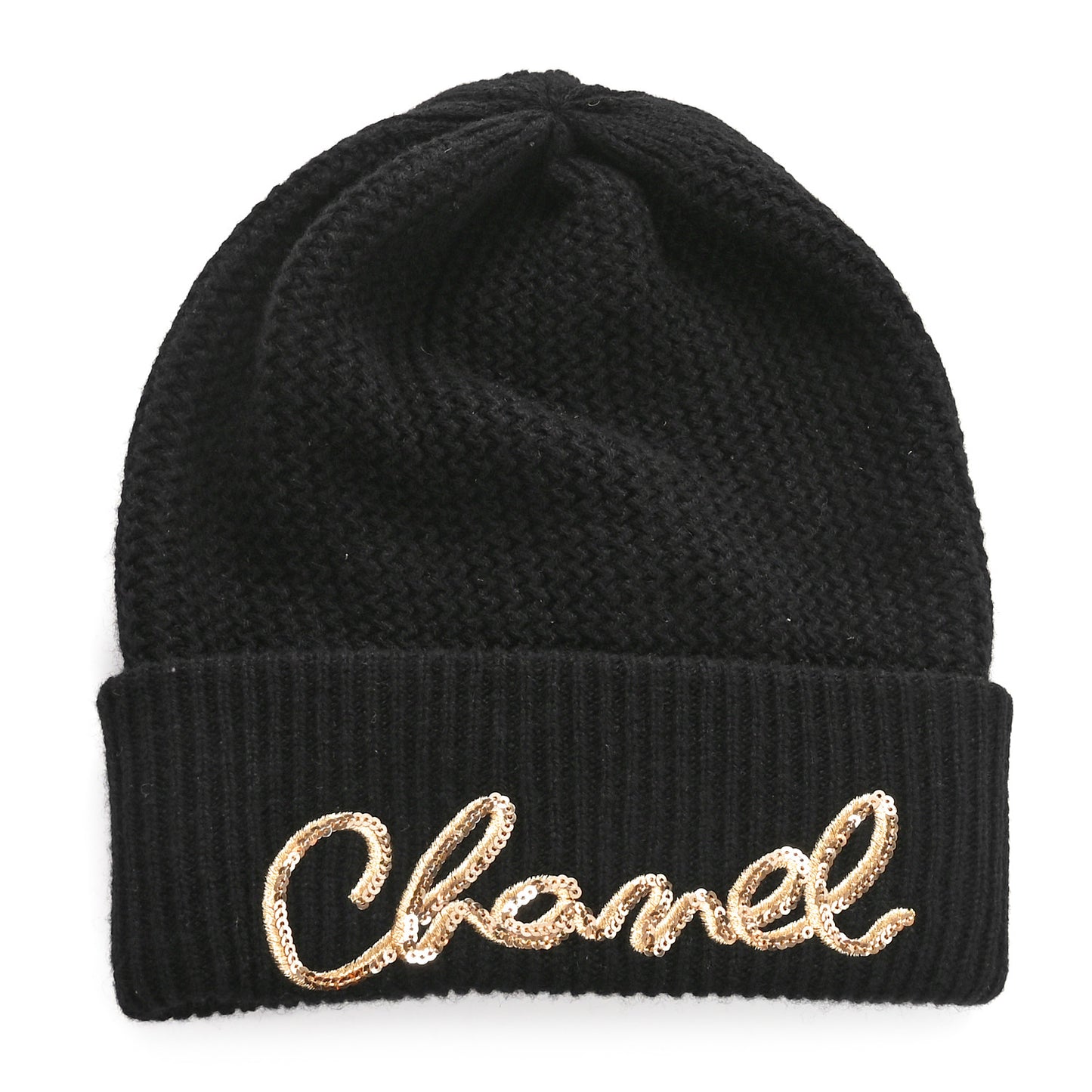 Cashmere Sequin Logo Beanie Hat Black Gold