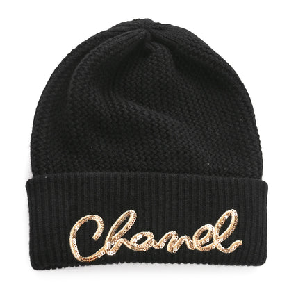 Chanel Cashmere Sequin Logo Beanie Hat Black Gold 1 of 5