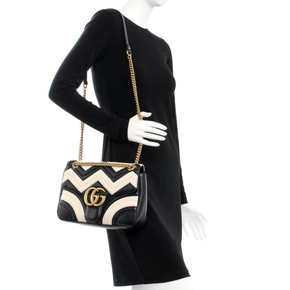 Gucci Calfskin Matelasse Medium GG Marmont Shoulder Bag Black White 2 of 7