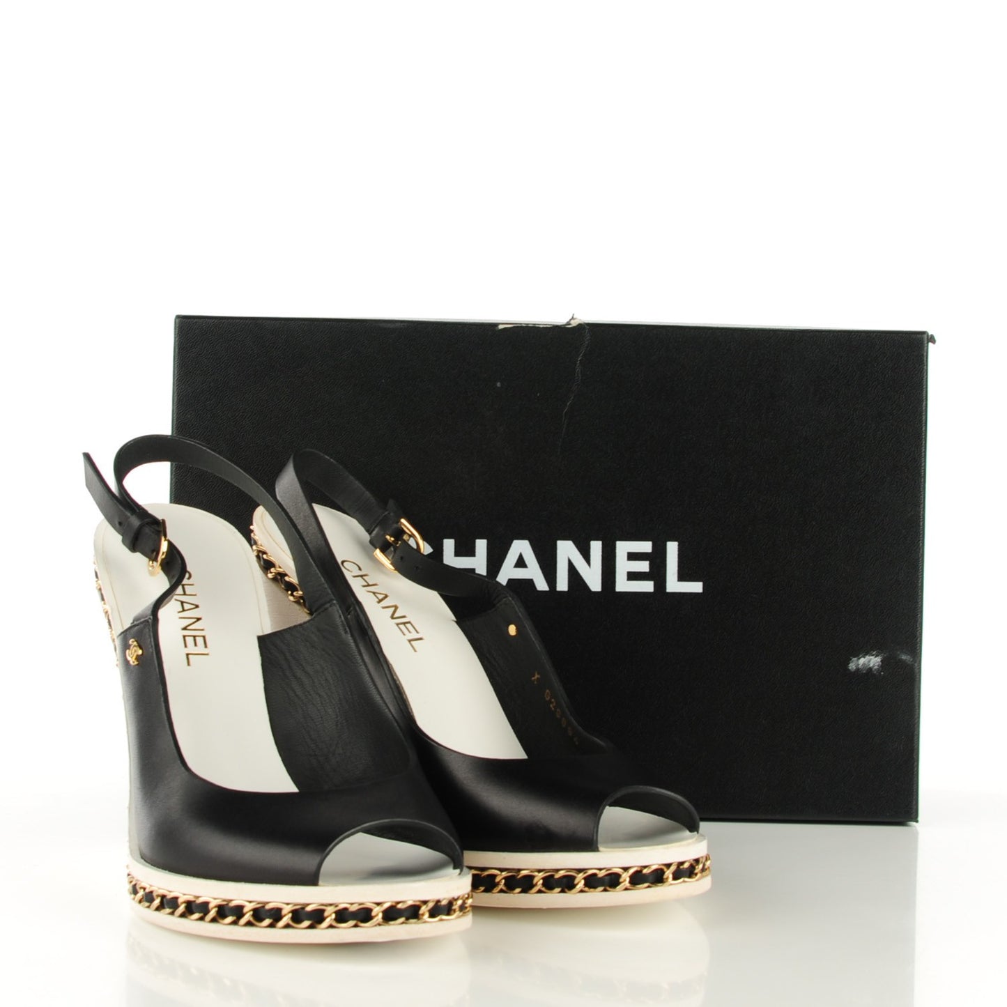 Leather Chain Slingback Wedge Sandals 39 Black