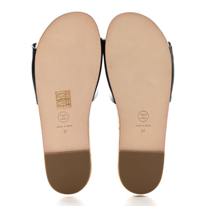 Chanel Patent Calfskin Crystal CC Espadrille Slip On Sandals 37 Black 5 of 9