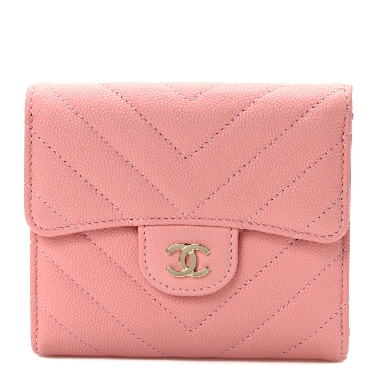 Caviar Chevron Quilted Compact Flap Wallet Pink
