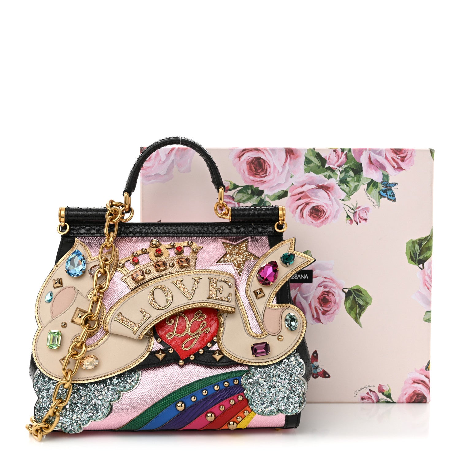 Dolce & Gabbana Metallic Calfskin Snakeskin Iguana Embossed Crystal Patch Dauphine Love Miss Sicily Satchel Black Multicolor 14 of 14