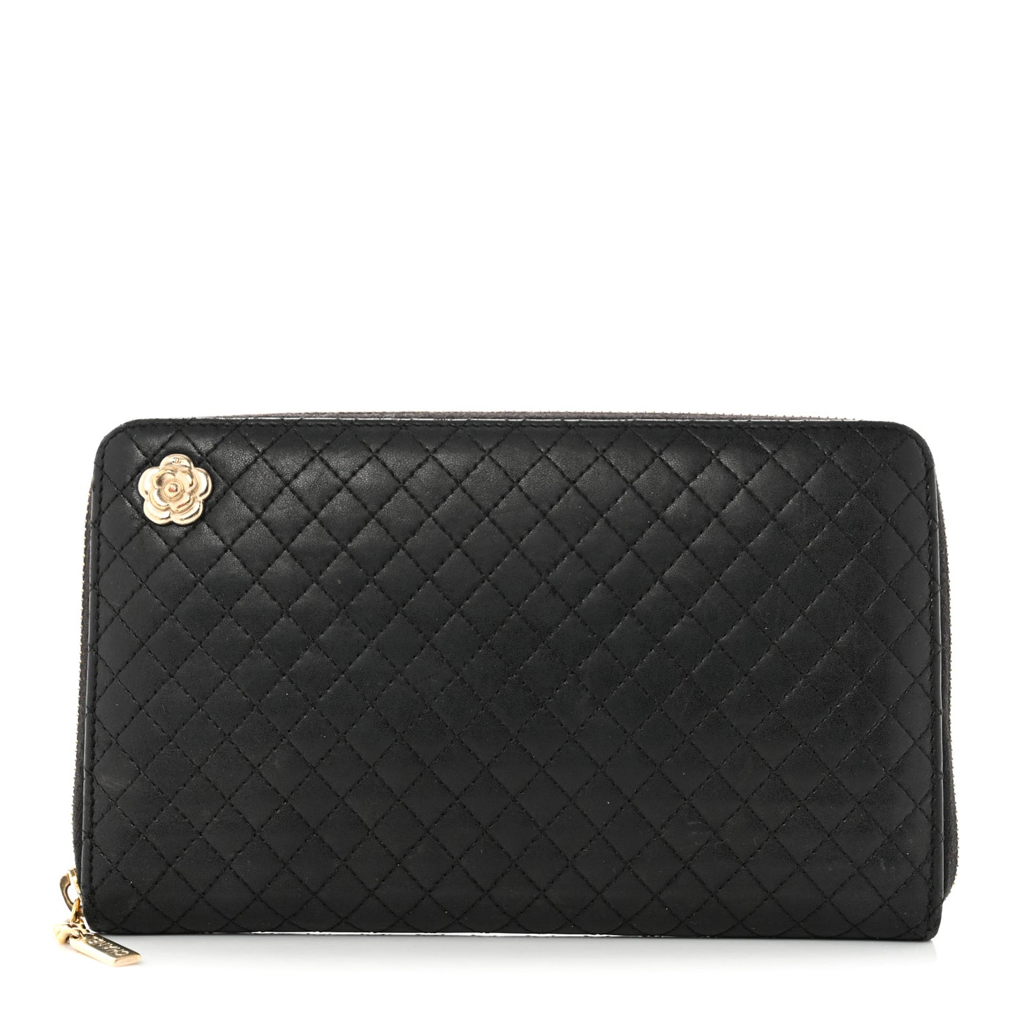 Lambskin Quilted Camellia Zip Around Organizer Wallet Black