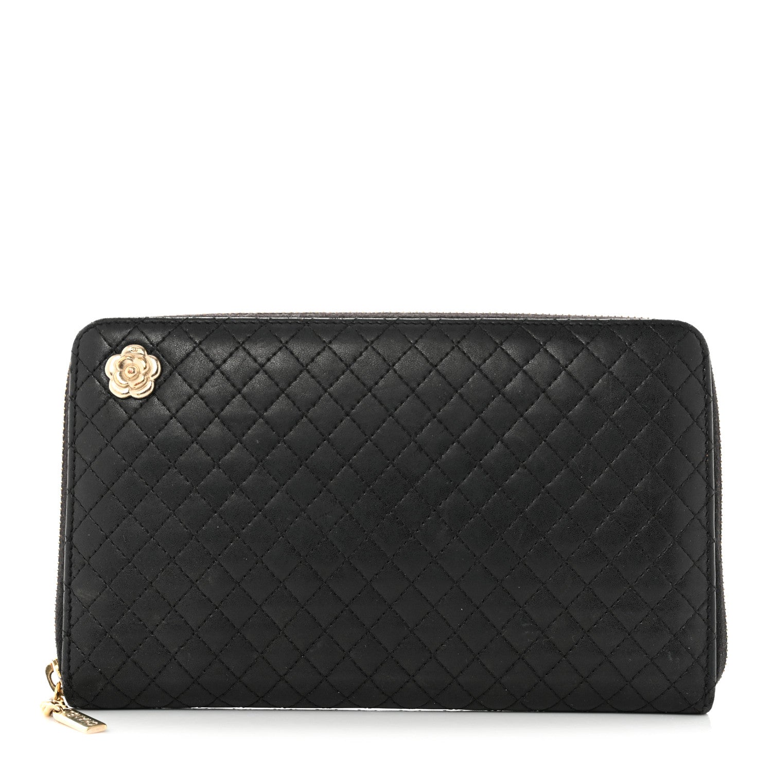 Chanel Lambskin Quilted Camellia Zip Around Organizer Wallet Black 1 of 10