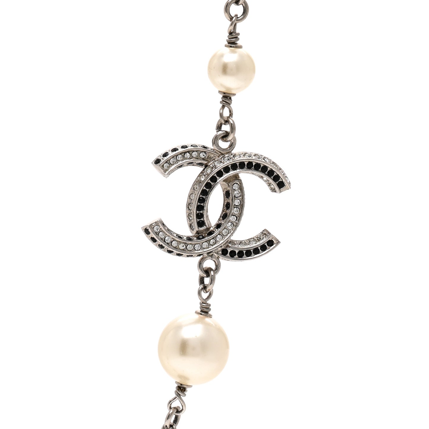 Pearl Crystal Bead CC Long Necklace Silver Black