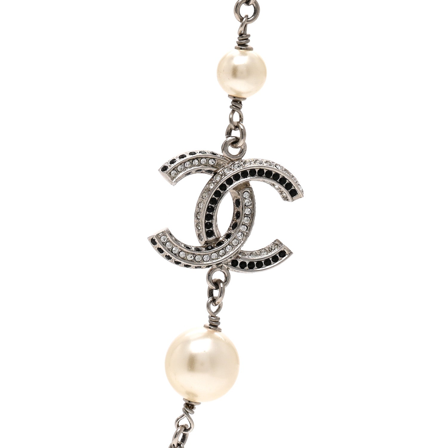 Chanel Pearl Crystal Bead CC Long Necklace Silver Black 4 of 5