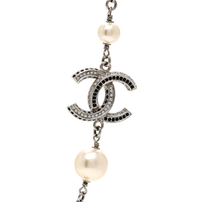 Chanel Pearl Crystal Bead CC Long Necklace Silver Black 4 of 5
