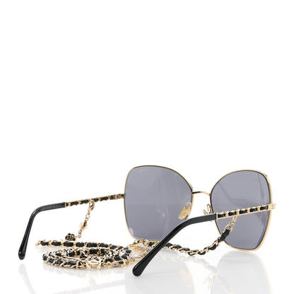 Chanel Metal Calfskin Butterfly Pearl Chain Sunglasses 4274Q Gold Black 4 of 8