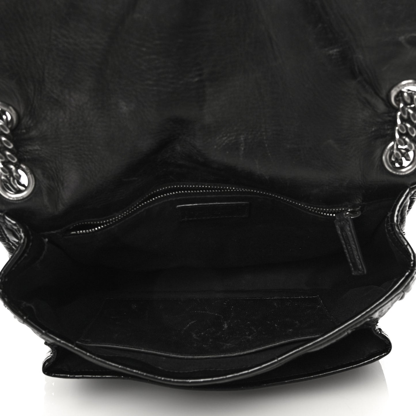 Patent Crocodile Embossed Lambskin Monogram Medium Niki Chain Satchel Black