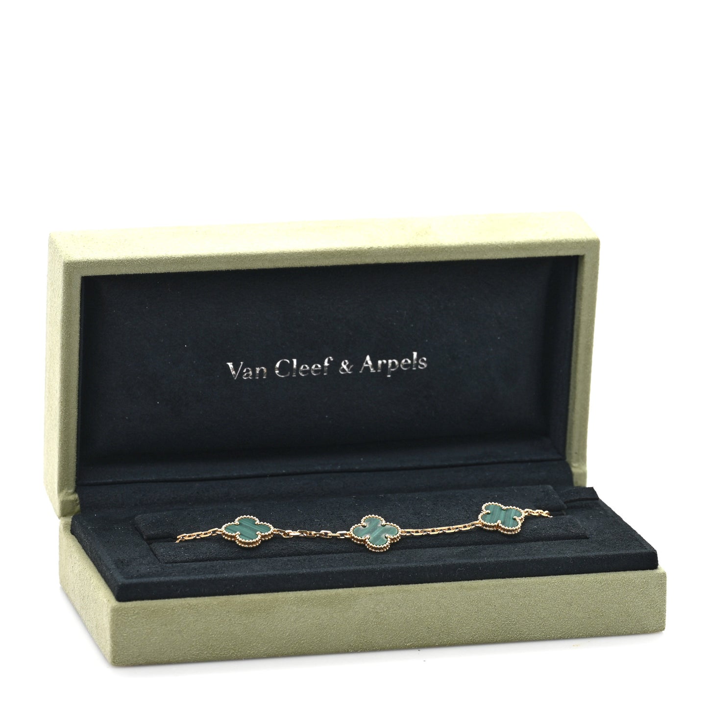 18K Yellow Gold Malachite 5 Motifs Vintage Alhambra Bracelet