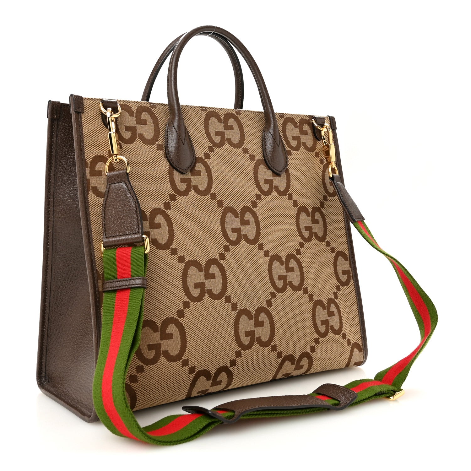 Gucci Monogram Jumbo GG Textured Dollar Calfskin Web Tote Bag Camel Ebony New Acero 3 of 13