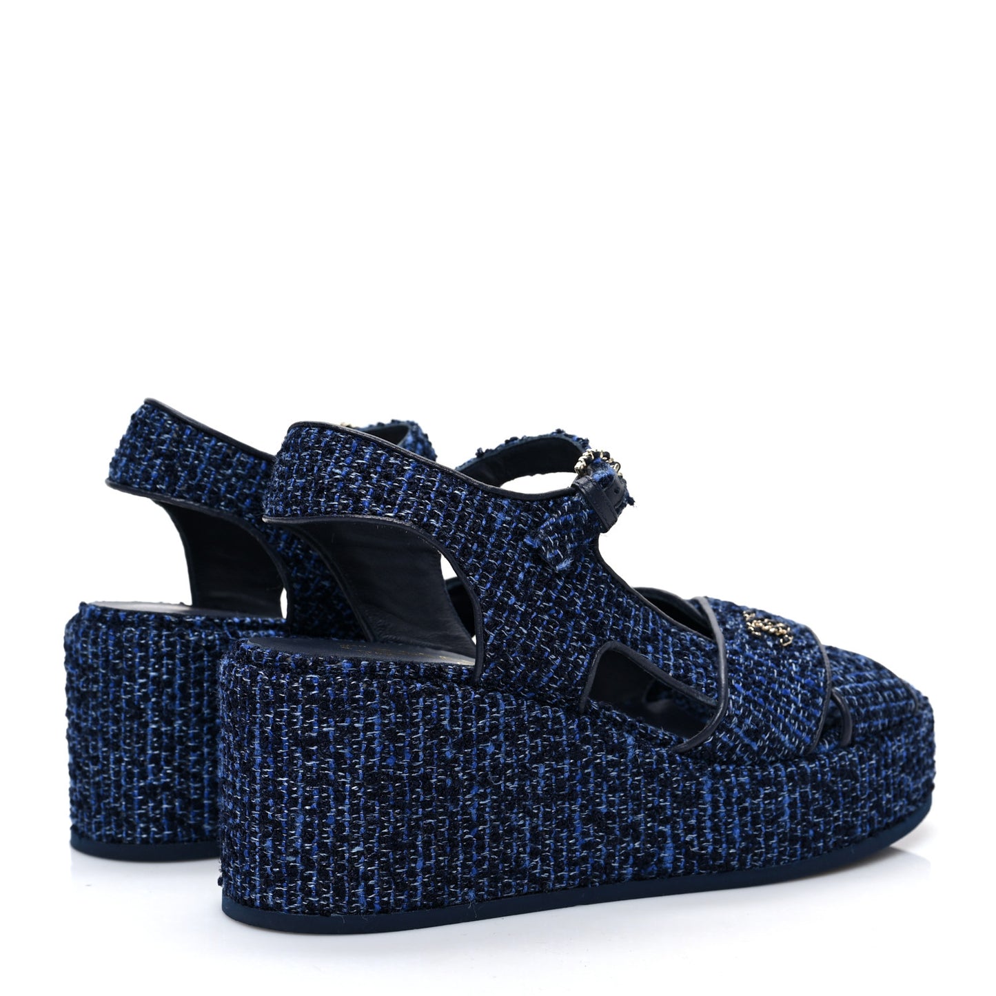 Silk Linen Tweed Quilted CC Platform Sandals 36.5 Navy Blue Gray