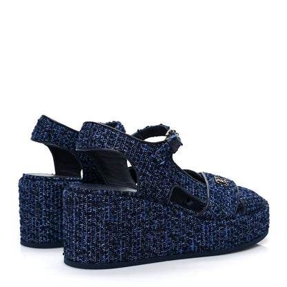 Chanel Silk Linen Tweed Quilted CC Platform Sandals 36.5 Navy Blue Gray 4 of 9