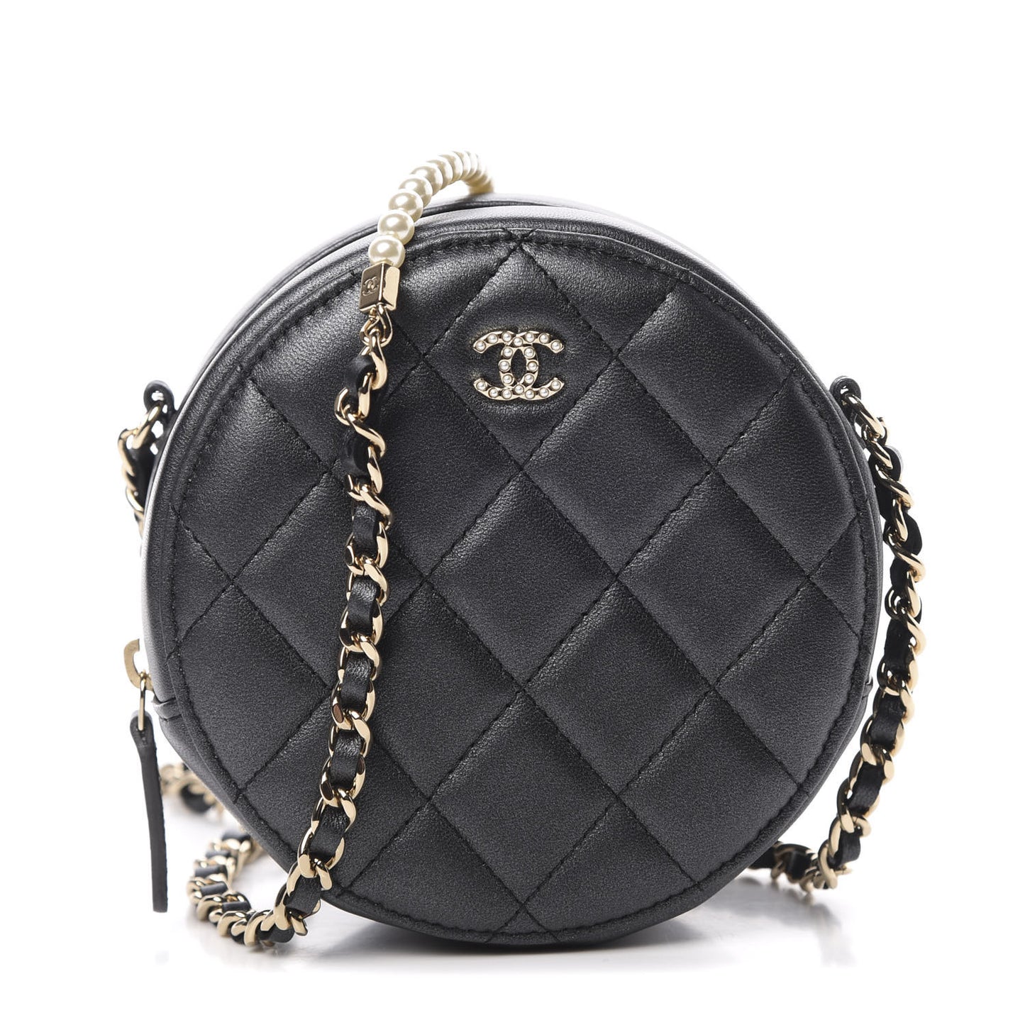 Iridescent Lambskin Quilted Pearl Round Clutch With Chain Black