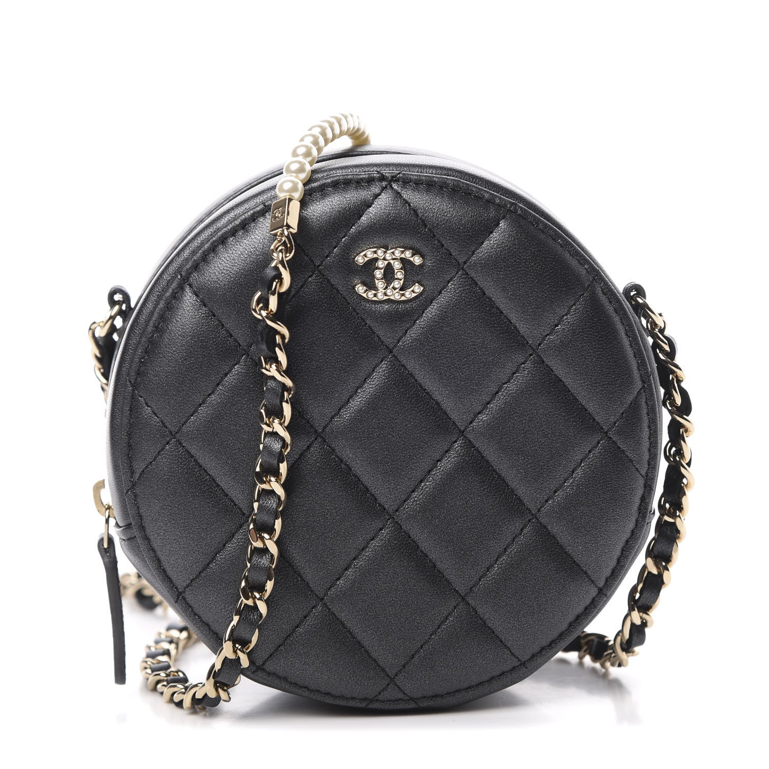 Chanel Iridescent Lambskin Quilted Pearl Round Clutch With Chain Black 1 of 11