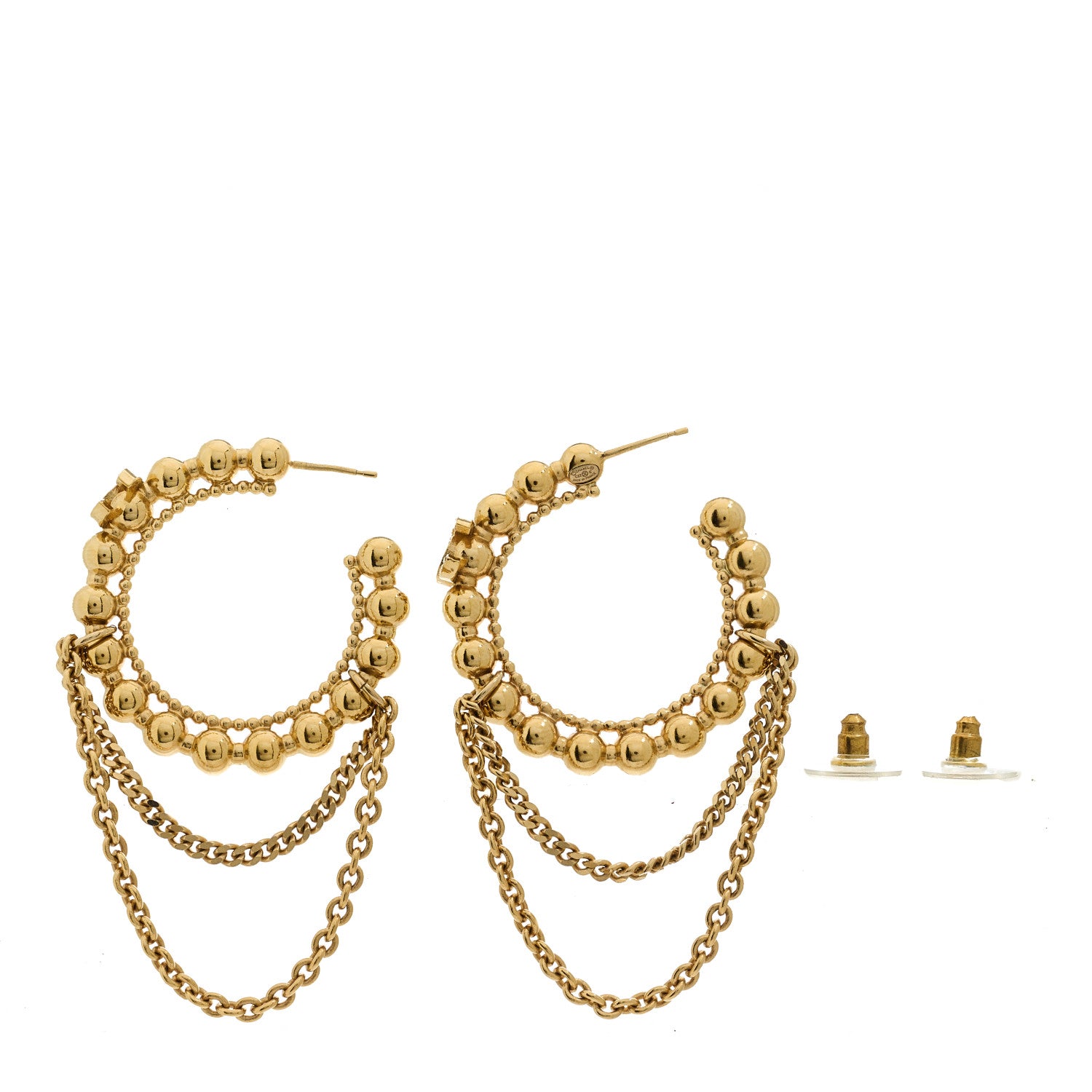 Chanel Metal Crystal Bead Chain CC Hoop Earrings Gold 3 of 4