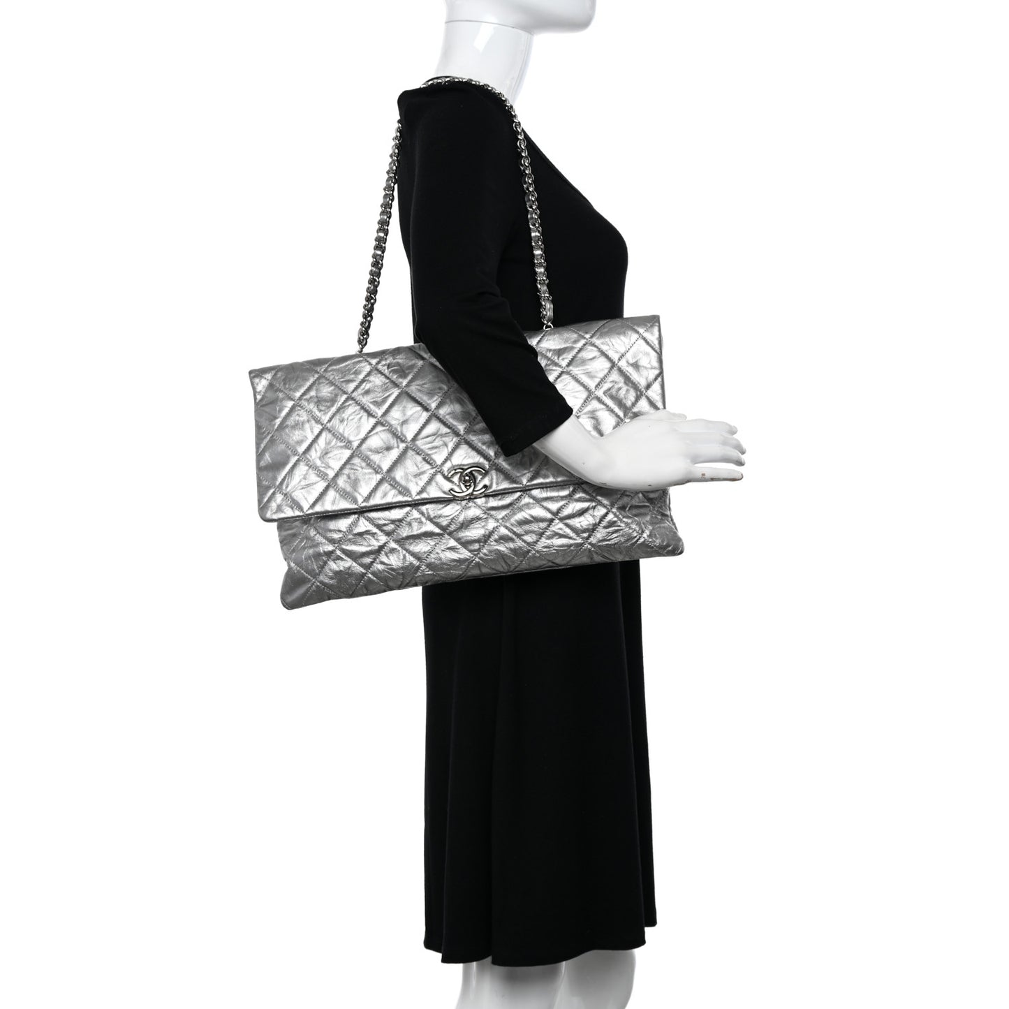 Metallic Crumpled Calfskin Big Bang Large Flap Bag Silver