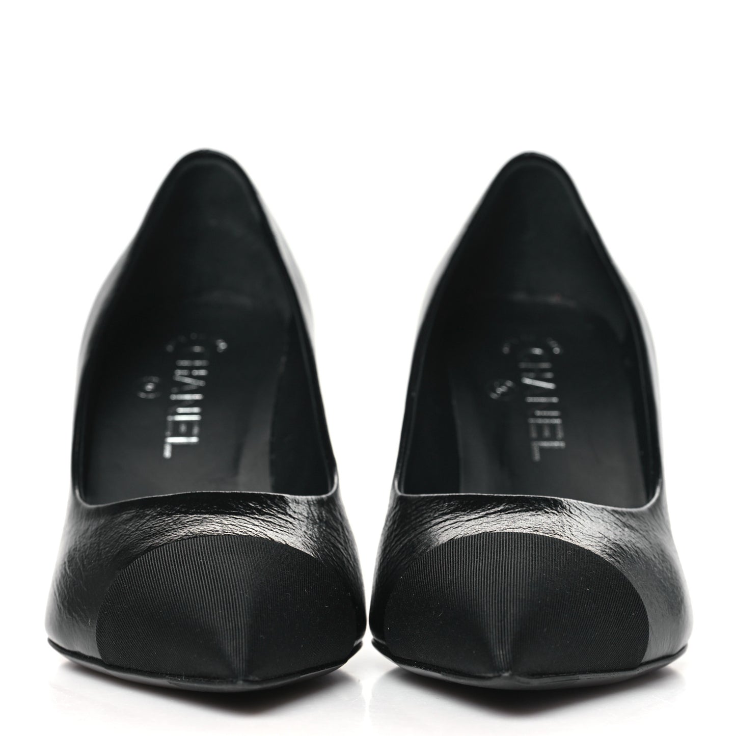 Shiny Calfskin Grosgrain Cap Toe CC Pearl Pumps 37.5 Black