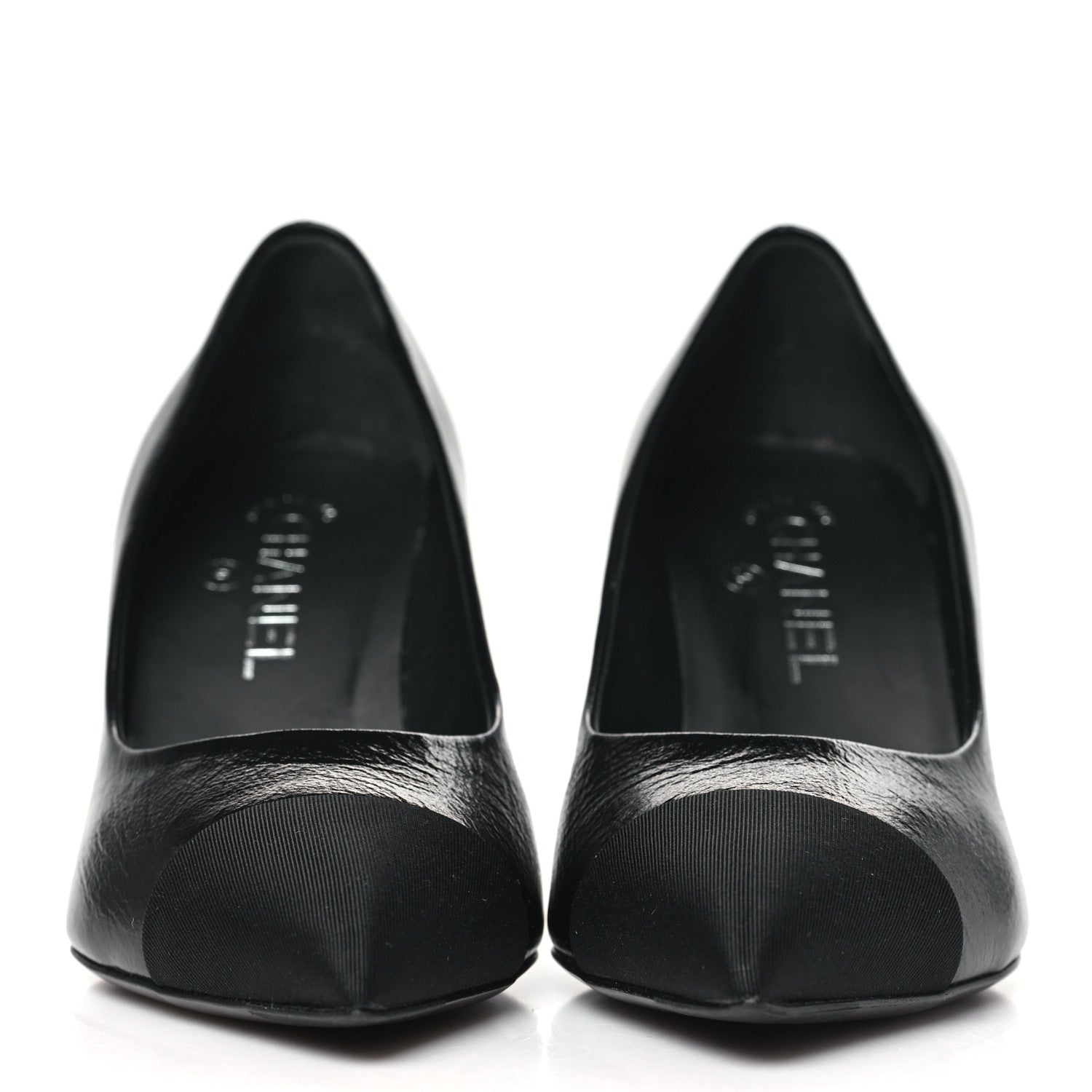 Chanel Shiny Calfskin Grosgrain Cap Toe CC Pearl Pumps 37.5 Black 2 of 10