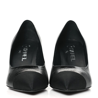 Chanel Shiny Calfskin Grosgrain Cap Toe CC Pearl Pumps 37.5 Black 2 of 10