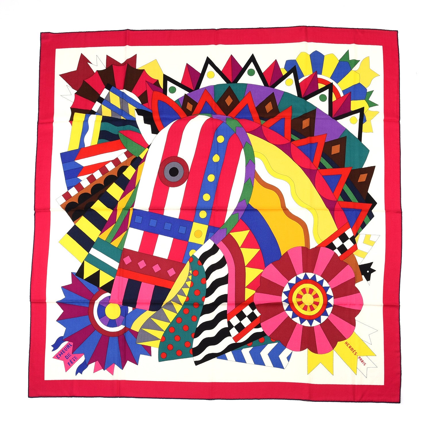 Hermes Cashmere Silk Cheval De Fete Shawl 140 Rose Vif White Multicolor 1 of 5