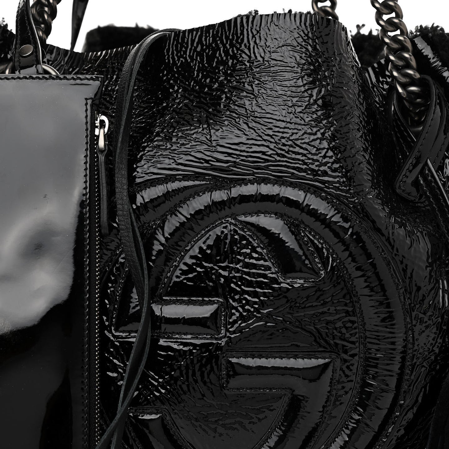 Patent Shearling Medium Soho Chain Shoulder Bag Black
