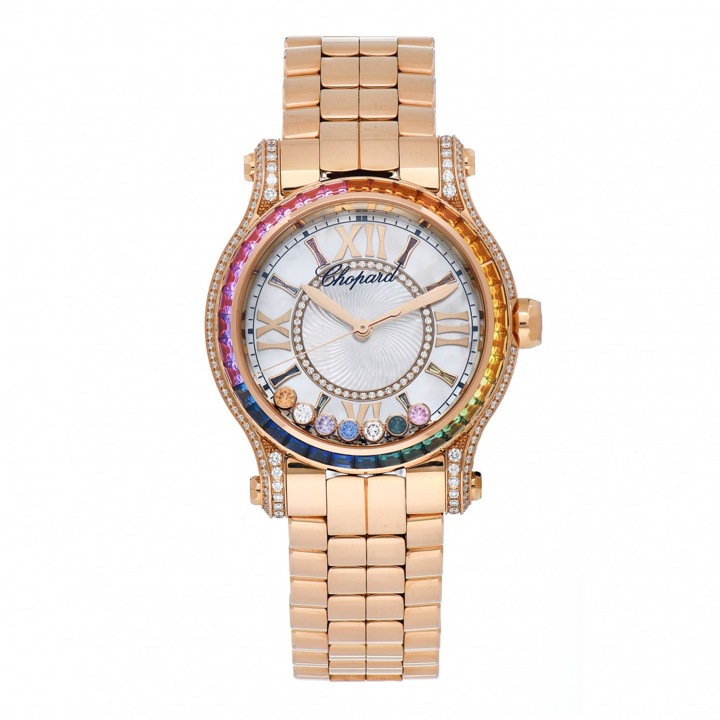 18K Rose Gold Diamond Mother of Pearl Multicolor Sapphire 36mm Happy Sport Automatic Watch
