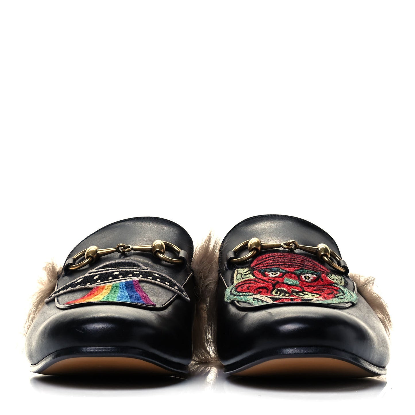 Calfskin Fur Dragon UFO Embroidered Mens Princetown Slippers 8 Black