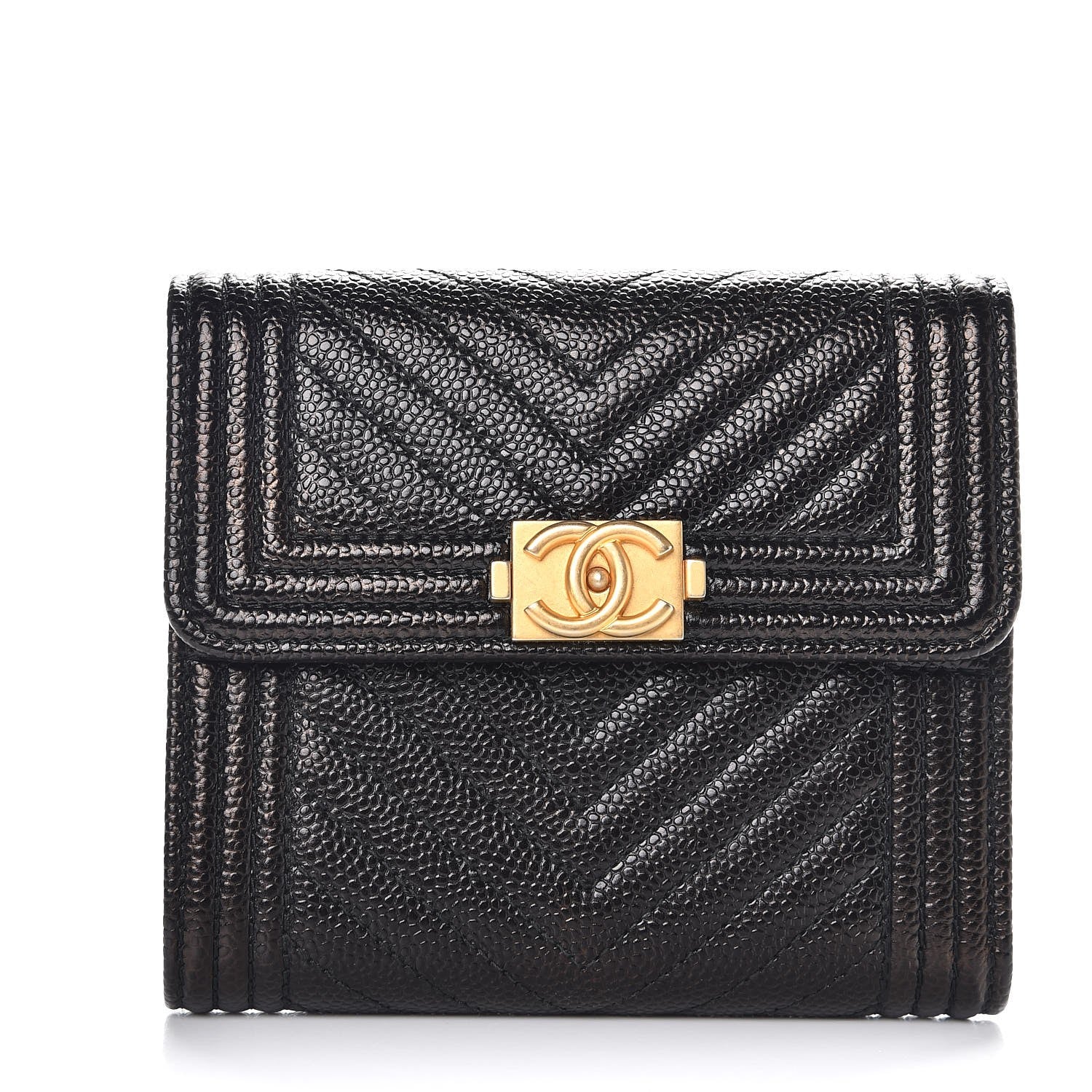 Chanel Caviar Chevron Quilted Boy Compact Wallet Black 1 of 9