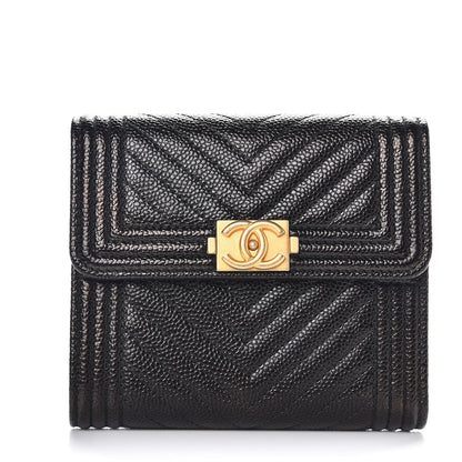 Chanel Caviar Chevron Quilted Boy Compact Wallet Black 1 of 9