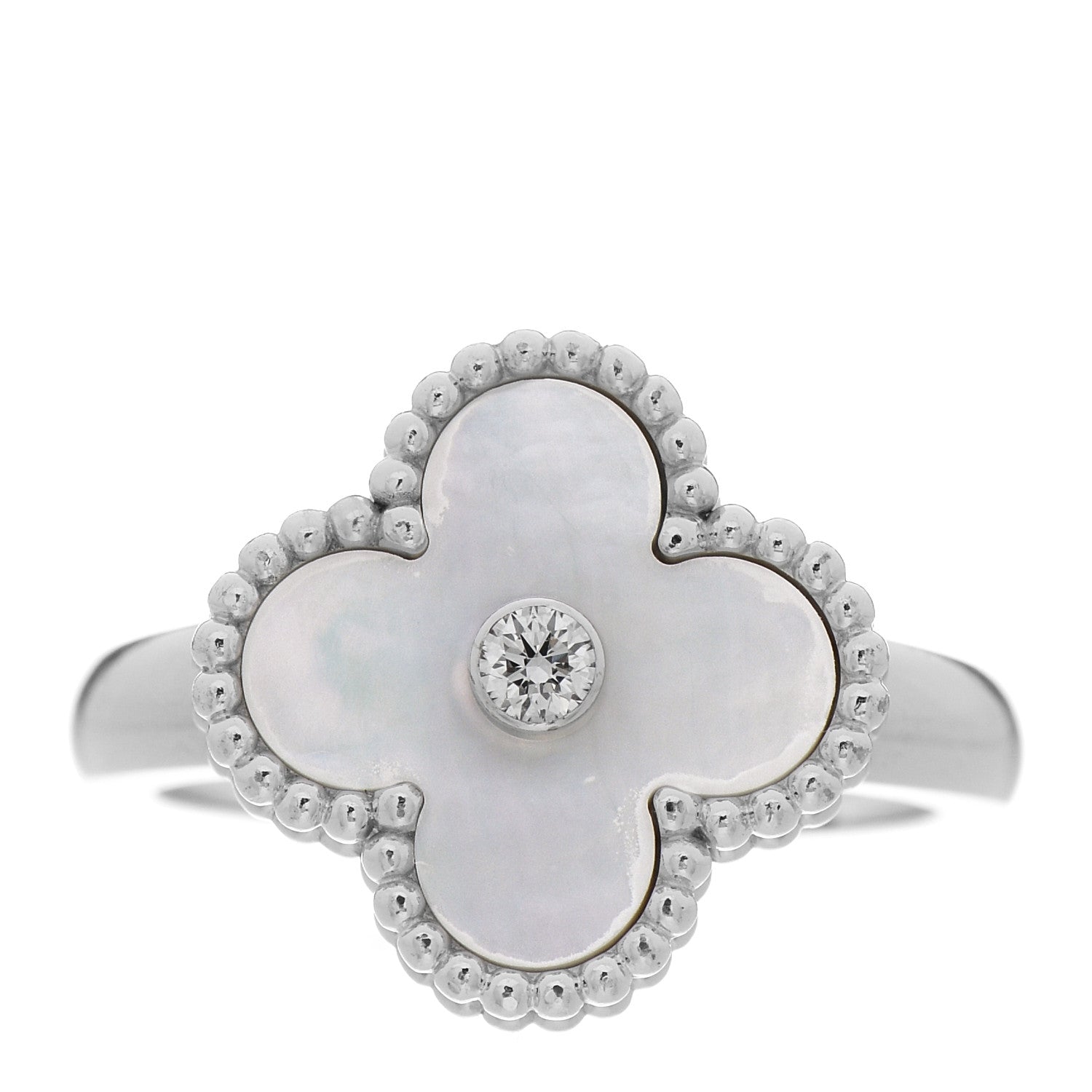 Van Cleef & Arpels 18K White Gold Diamond Mother of Pearl Vintage Alhambra Ring 54 7 1 of 4