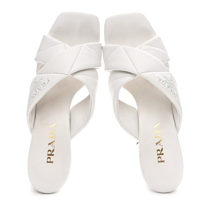 Prada Nappa Logo Quilted Crisscross 65mm Block Heel Slide Sandals 39.5 White 2 of 8