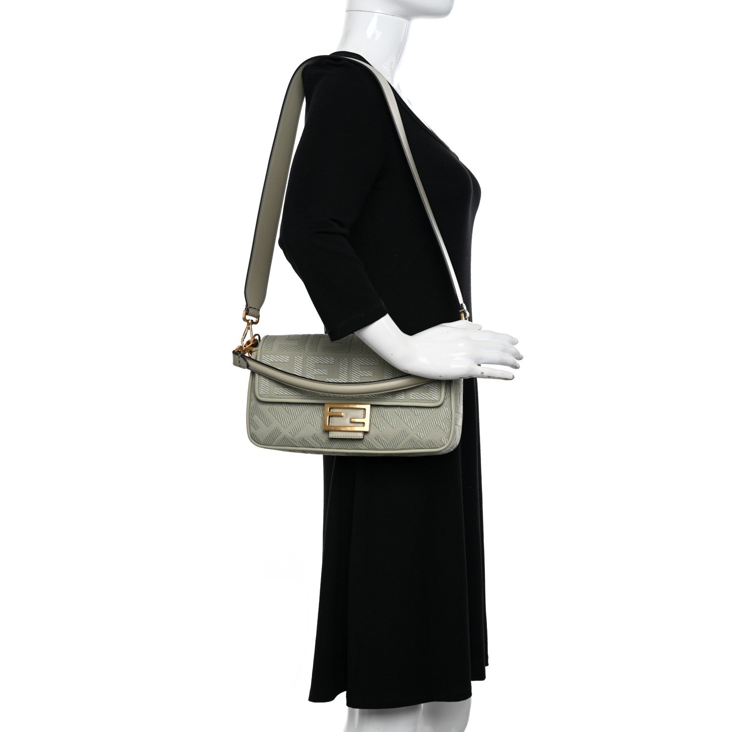 Fendi Canvas Vitello King FF Embroidered Baguette Green Tea 2 of 12