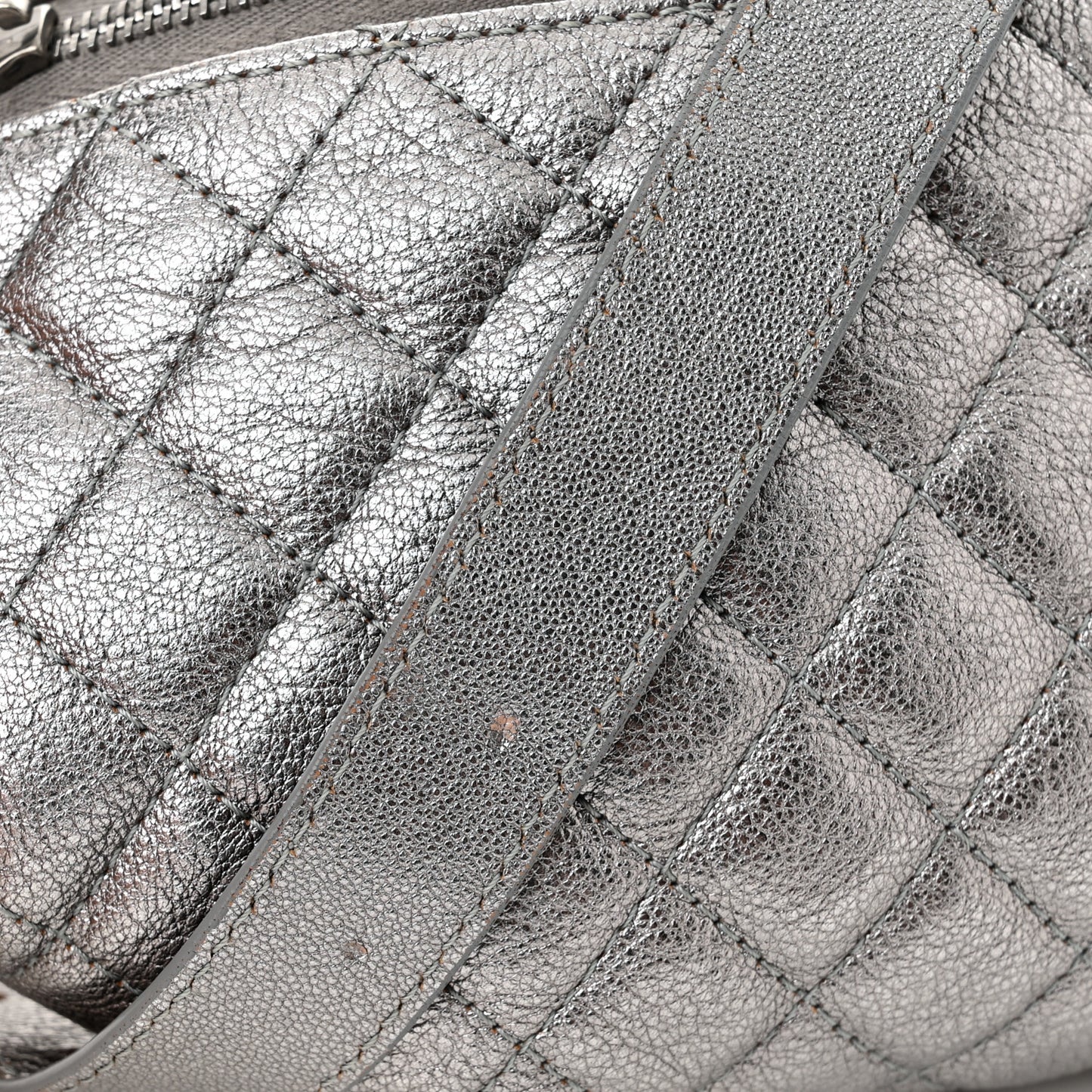 Metallic Calfskin Quilted Banane Waist Bag Fanny Pack Silver