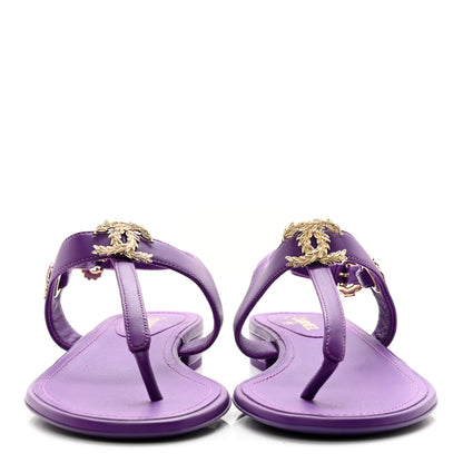 Chanel Lambskin CC Leaf Thong Sandals 37 Purple 2 of 8