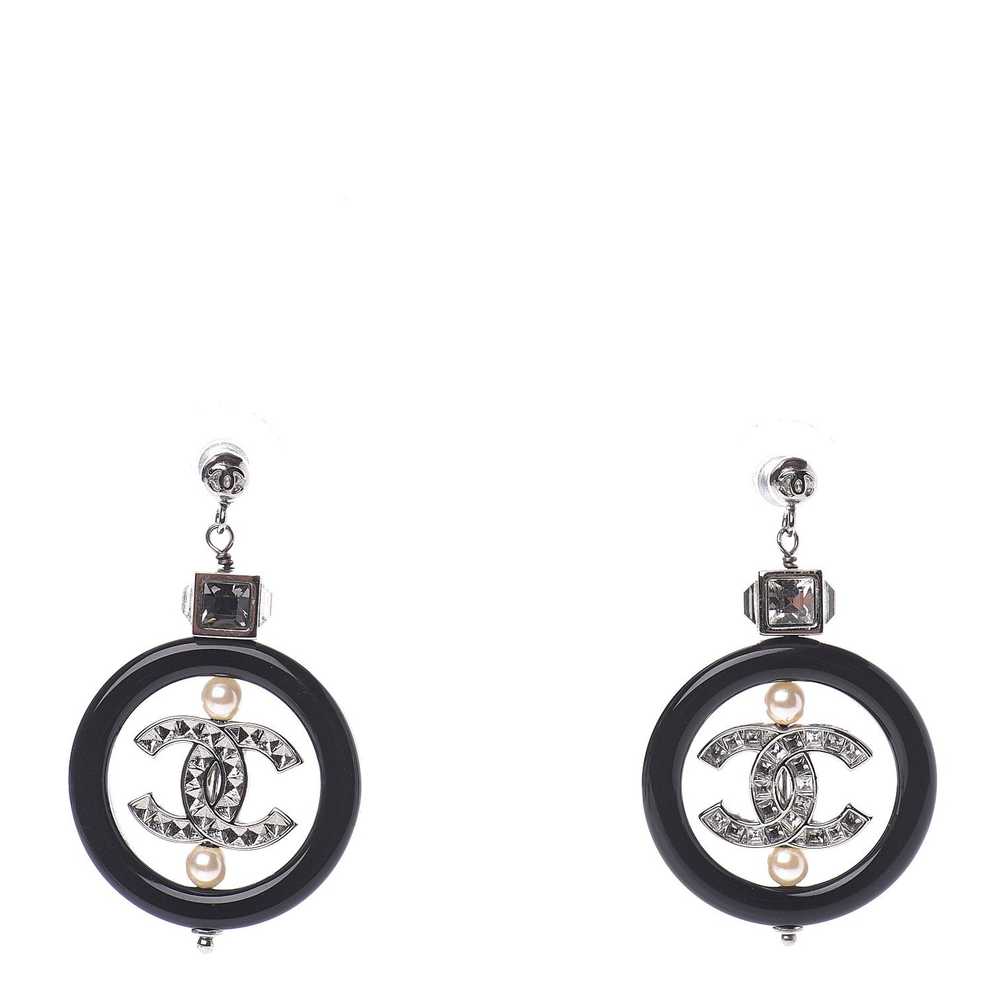 Baguette Crystal Pearl CC Drop Earrings Black Silver