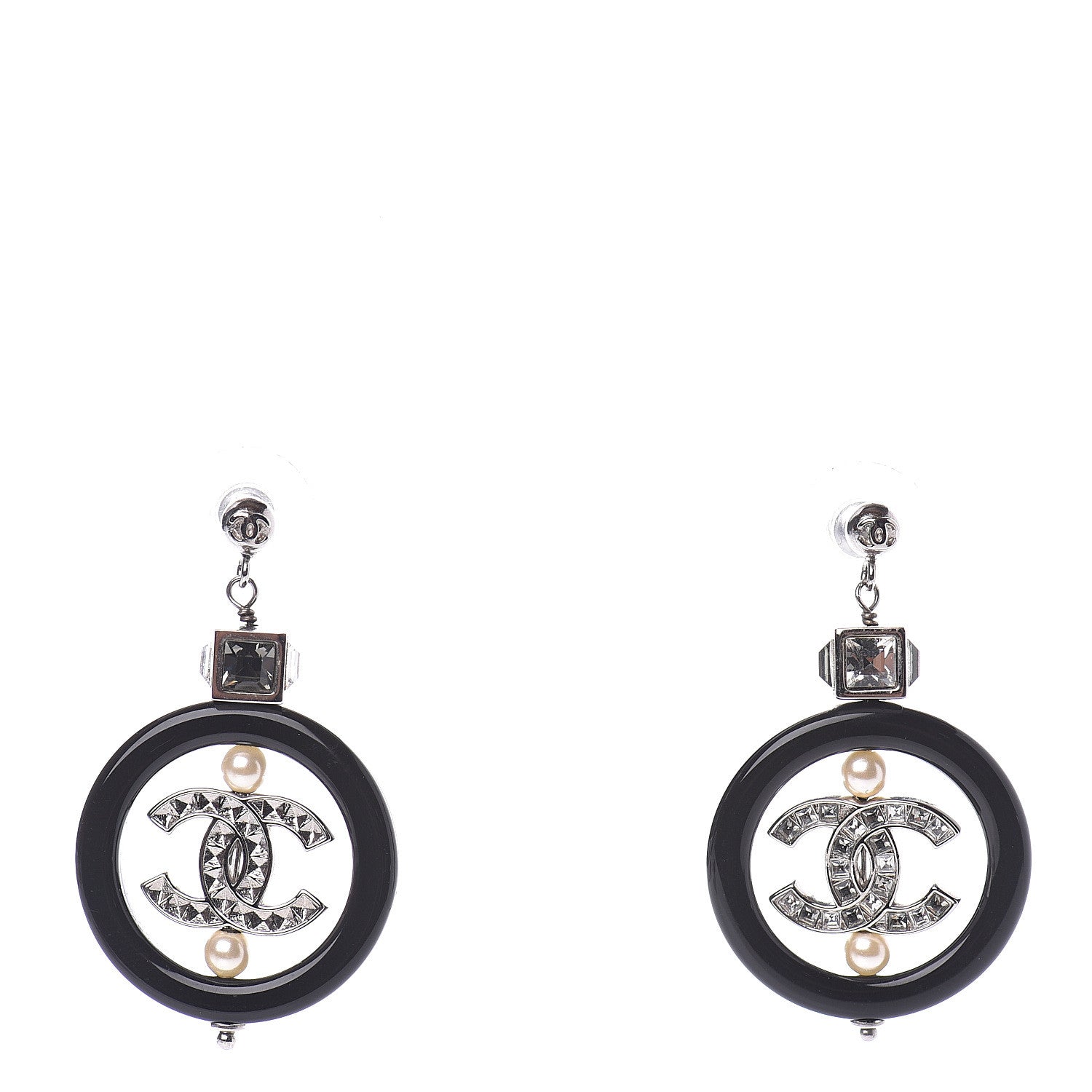 Chanel Baguette Crystal Pearl CC Drop Earrings Black Silver 1 of 5
