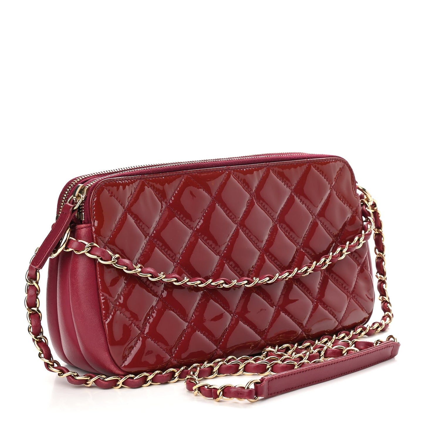 Patent Quilted Crown CC Double Zip Bag Dark Pink