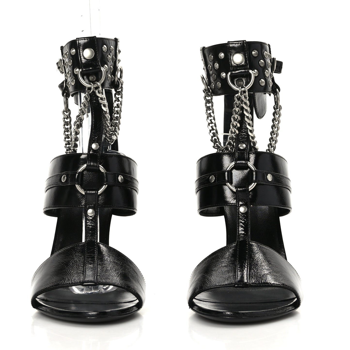 Shiny Calfskin Multi-Studded Strap Fetish Ankle Sandals 39 Black