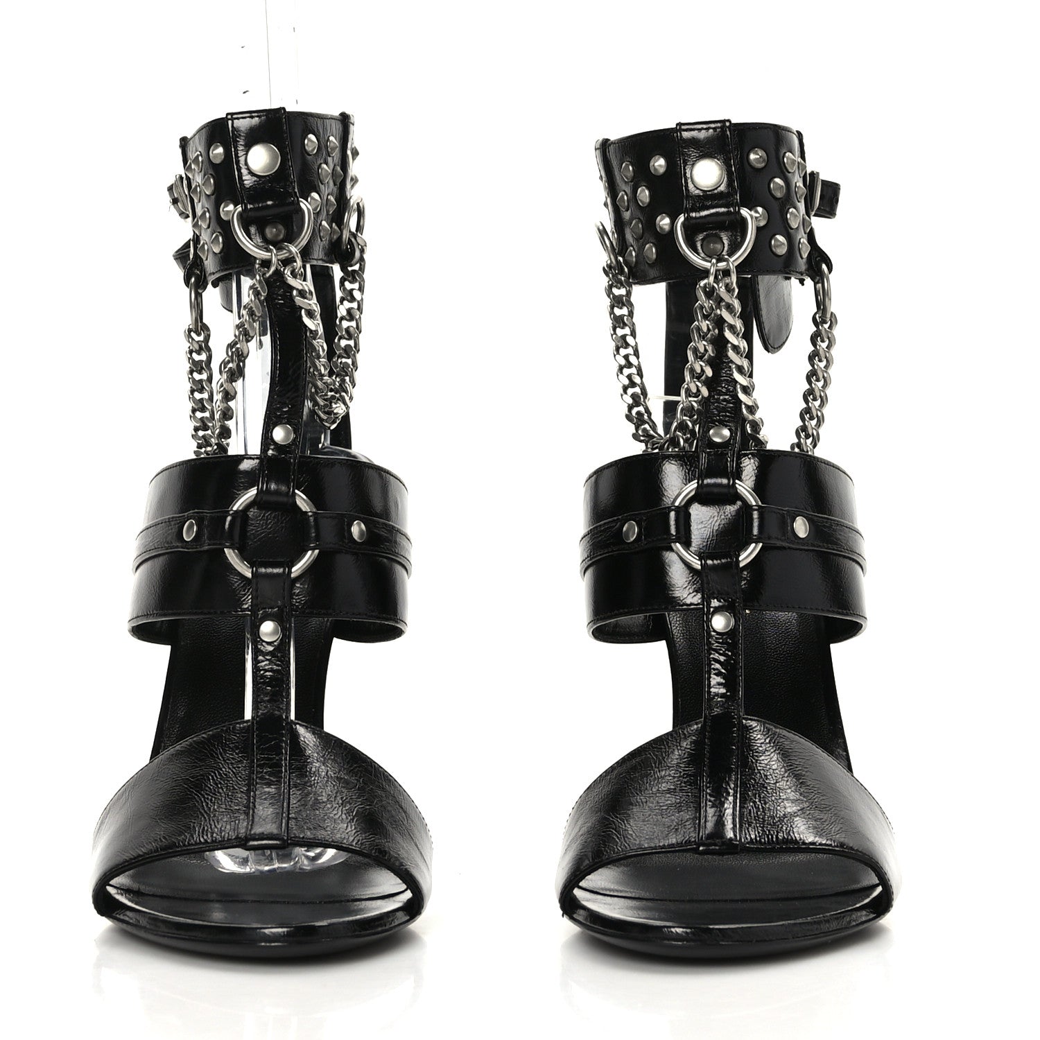 Saint Laurent Shiny Calfskin Multi-Studded Strap Fetish Ankle Sandals 39 Black 2 of 8