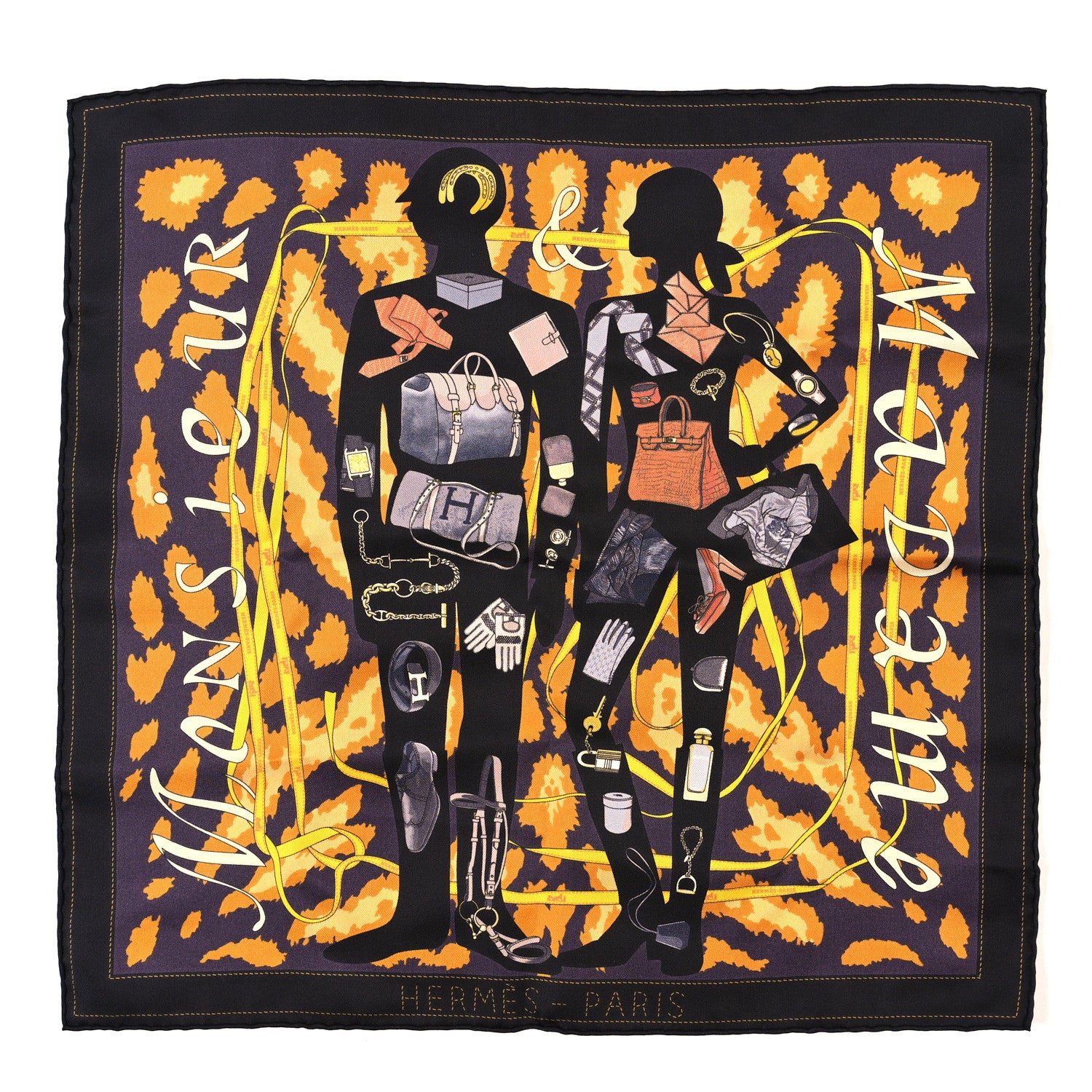 Hermes Silk Gavroche Monsieur et Madame Pocket Square Scarf Ebene Prune Or 1 of 3