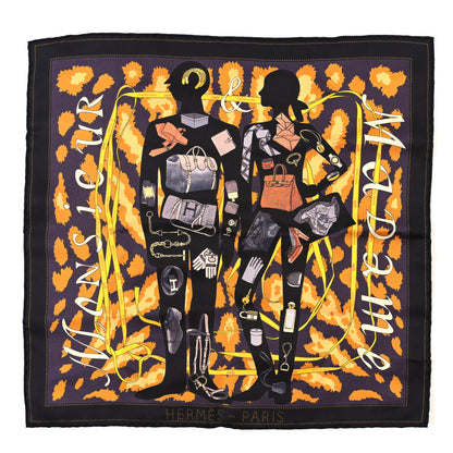 Hermes Silk Gavroche Monsieur et Madame Pocket Square Scarf Ebene Prune Or 1 of 3