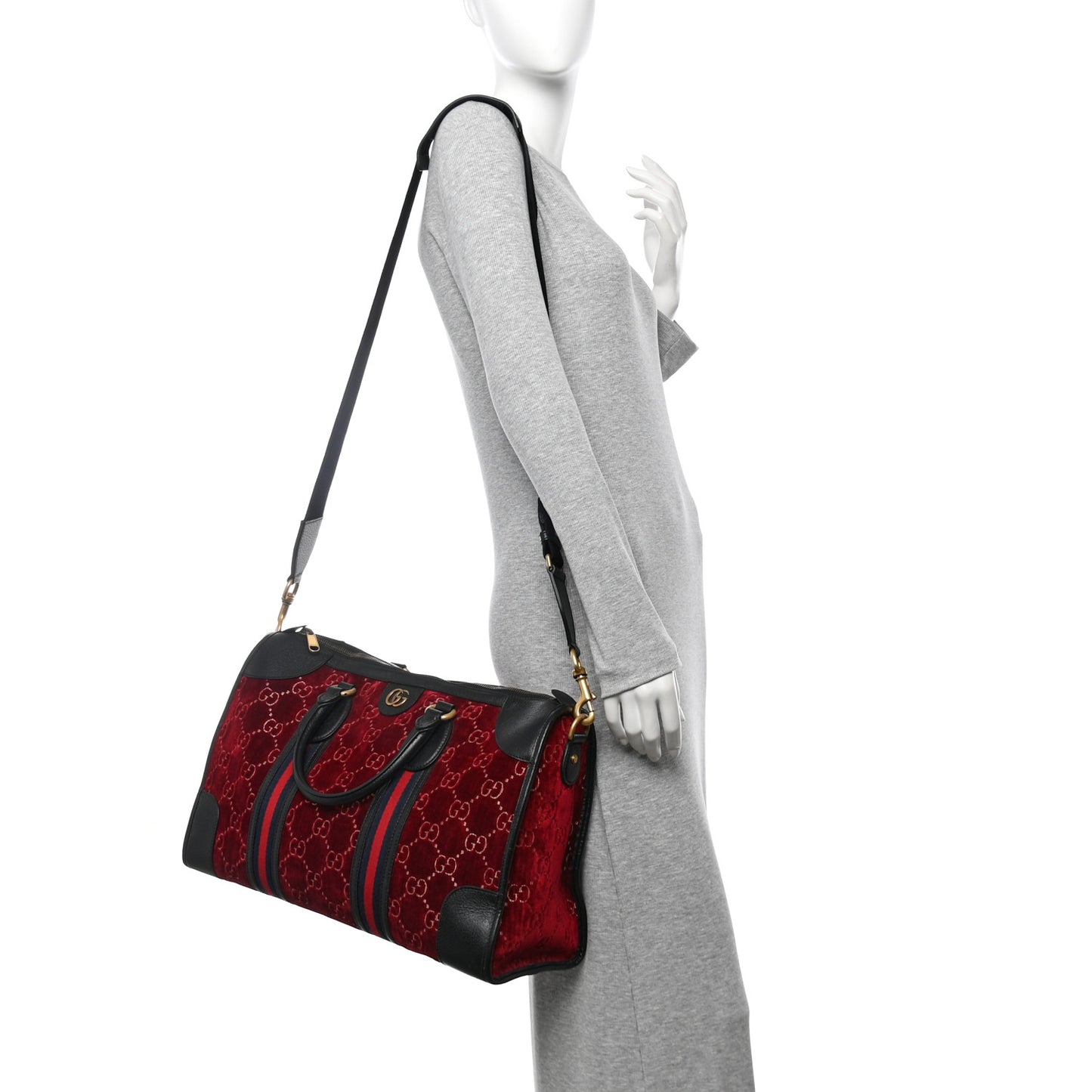 Velvet GG Monogram Textured Calfskin Web Medium Duffle Bag Red Cipria Black