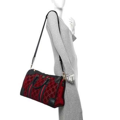 Gucci Velvet GG Monogram Textured Calfskin Web Medium Duffle Bag Red Cipria Black 2 of 12