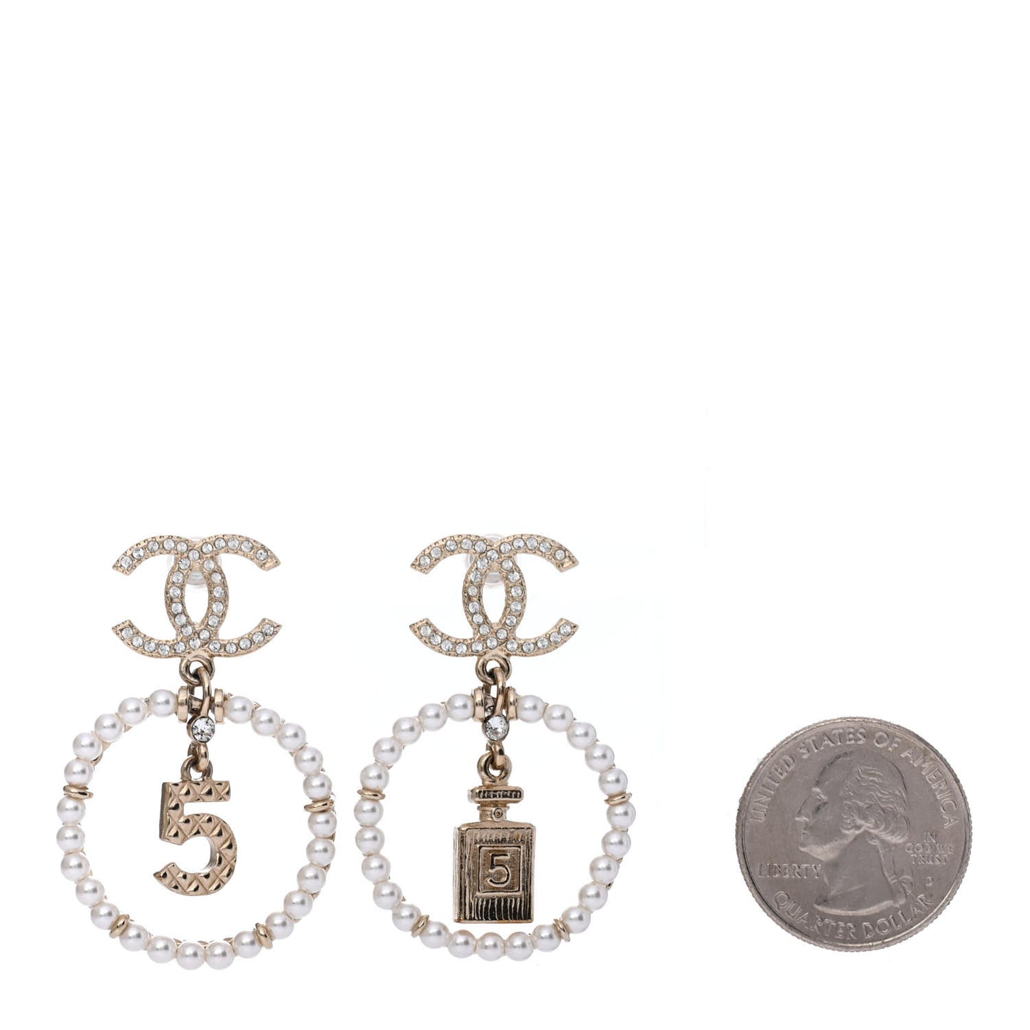 Crystal Pearl Chanel Charms CC Drop Earrings Gold