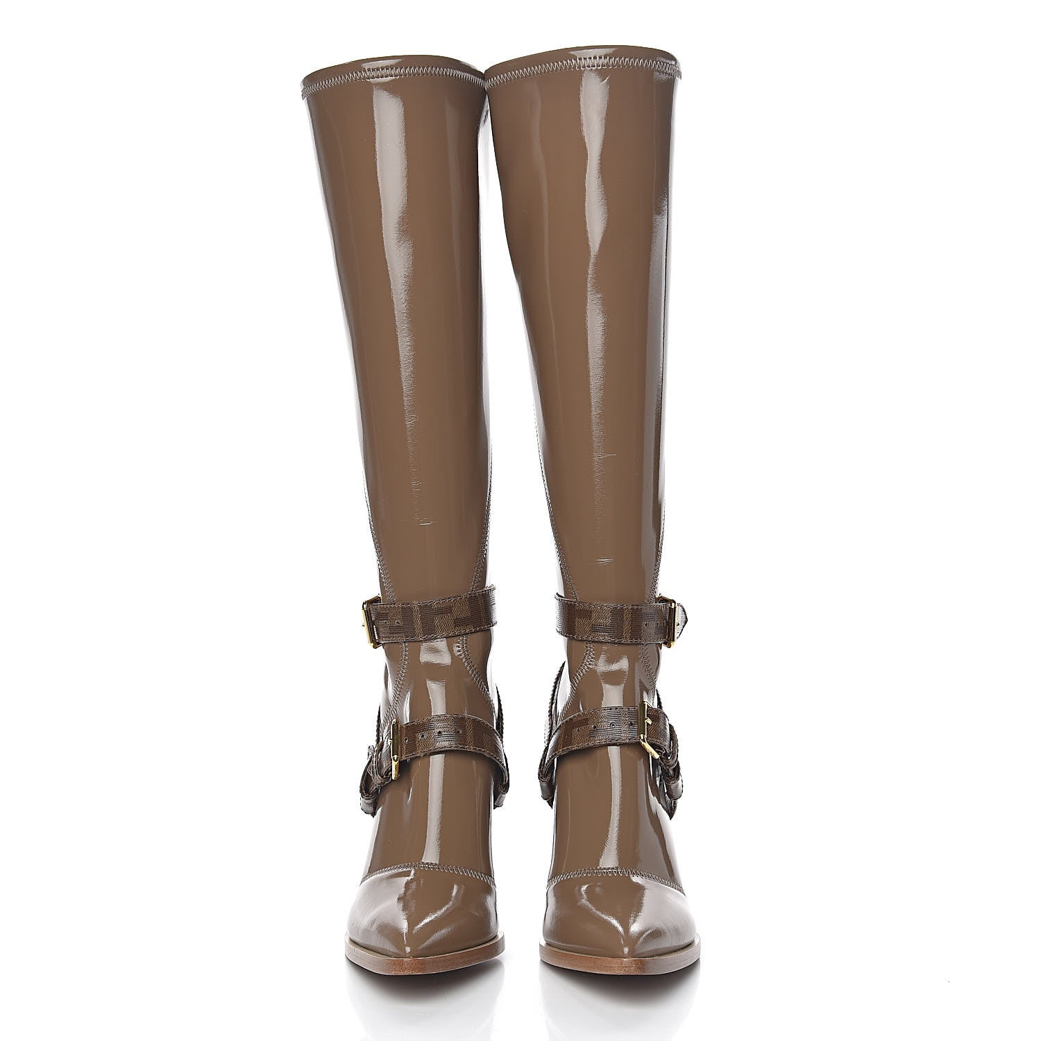Fendi Glossy Neoprene Glazed Fabric FF FFrame Boots 36.5 Tortora Tobacco Moro 2 of 7